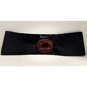 DOLCE & GABBANA Wide Belt Black Gross Grain Red Rhinestone Beaded Waist IT42